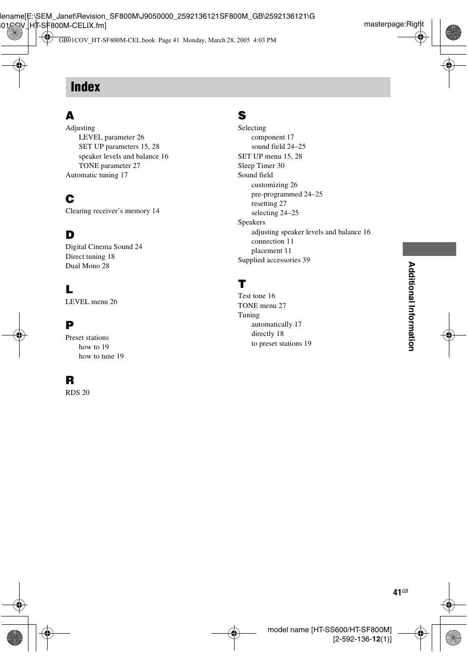 Index | Sony HT-SF800M EN User Manual | Page 41 / 44
