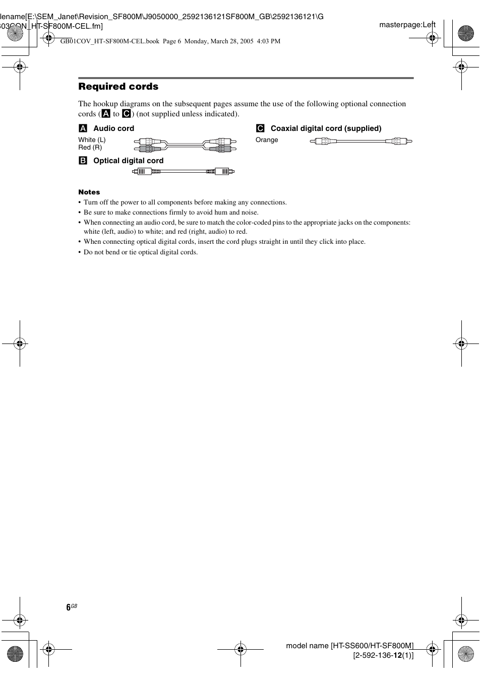 Required cords | Sony HT-SF800M EN User Manual | Page 6 / 44