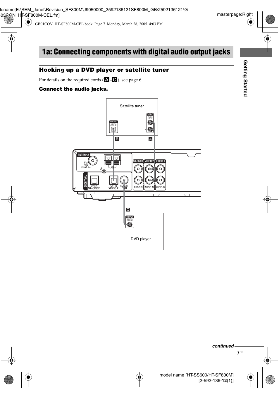 1a: connecting components with, Digital audio output jacks, Hooking up a dvd player or satellite tuner | Gettin g star ted, Connect the audio jacks, For details on the required cords ( a, C), see page 6, Continued | Sony HT-SF800M EN User Manual | Page 7 / 44