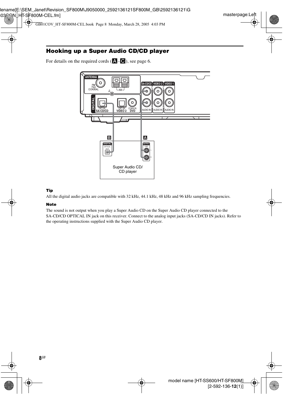 Hooking up a super audio cd/cd player, For details on the required cords ( a, C), see page 6 | Sony HT-SF800M EN User Manual | Page 8 / 44