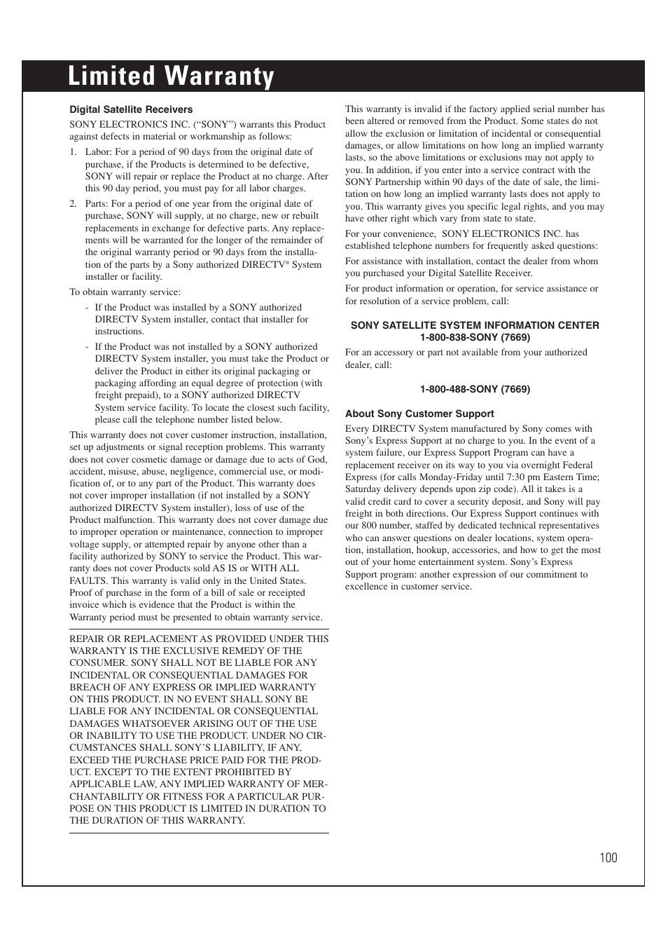 Limited warranty | Sony SAT-HD200 User Manual | Page 101 / 104