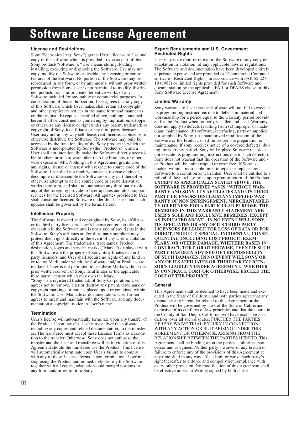 Software license agreement | Sony SAT-HD200 User Manual | Page 102 / 104