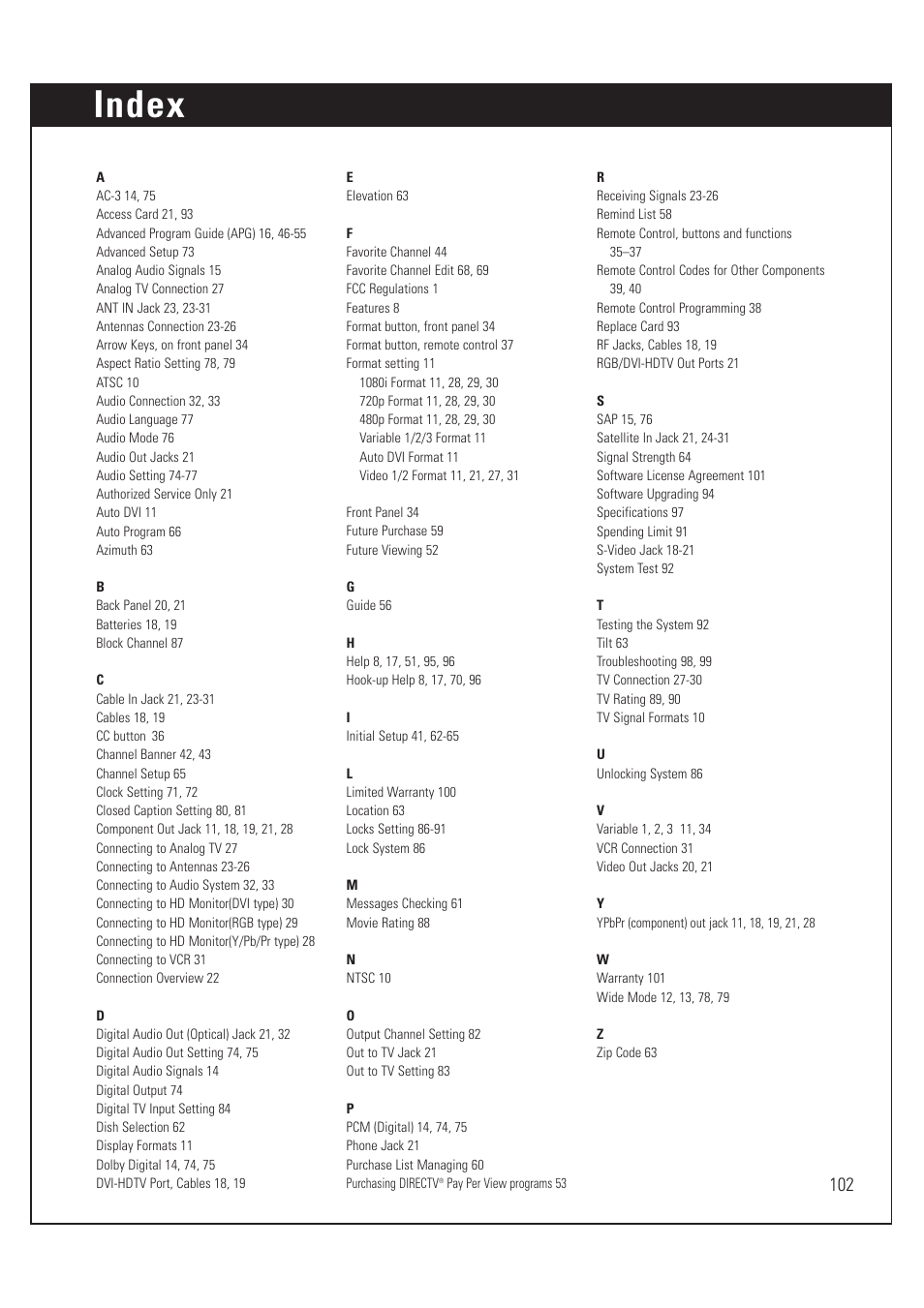 Index | Sony SAT-HD200 User Manual | Page 103 / 104