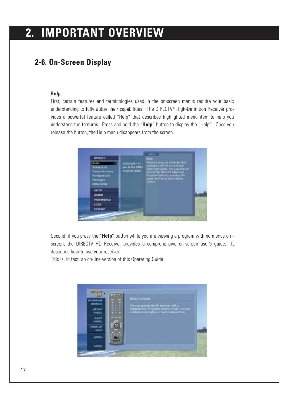 Important overview, 6. on-screen display | Sony SAT-HD200 User Manual | Page 18 / 104