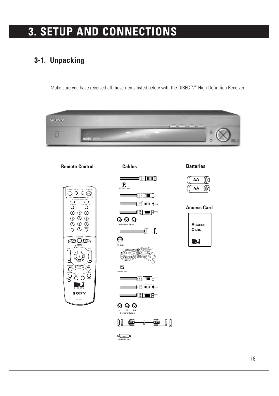 Setup and connections, 1. unpacking, High-definition receiver | Batteries remote control cables, Access card | Sony SAT-HD200 User Manual | Page 19 / 104