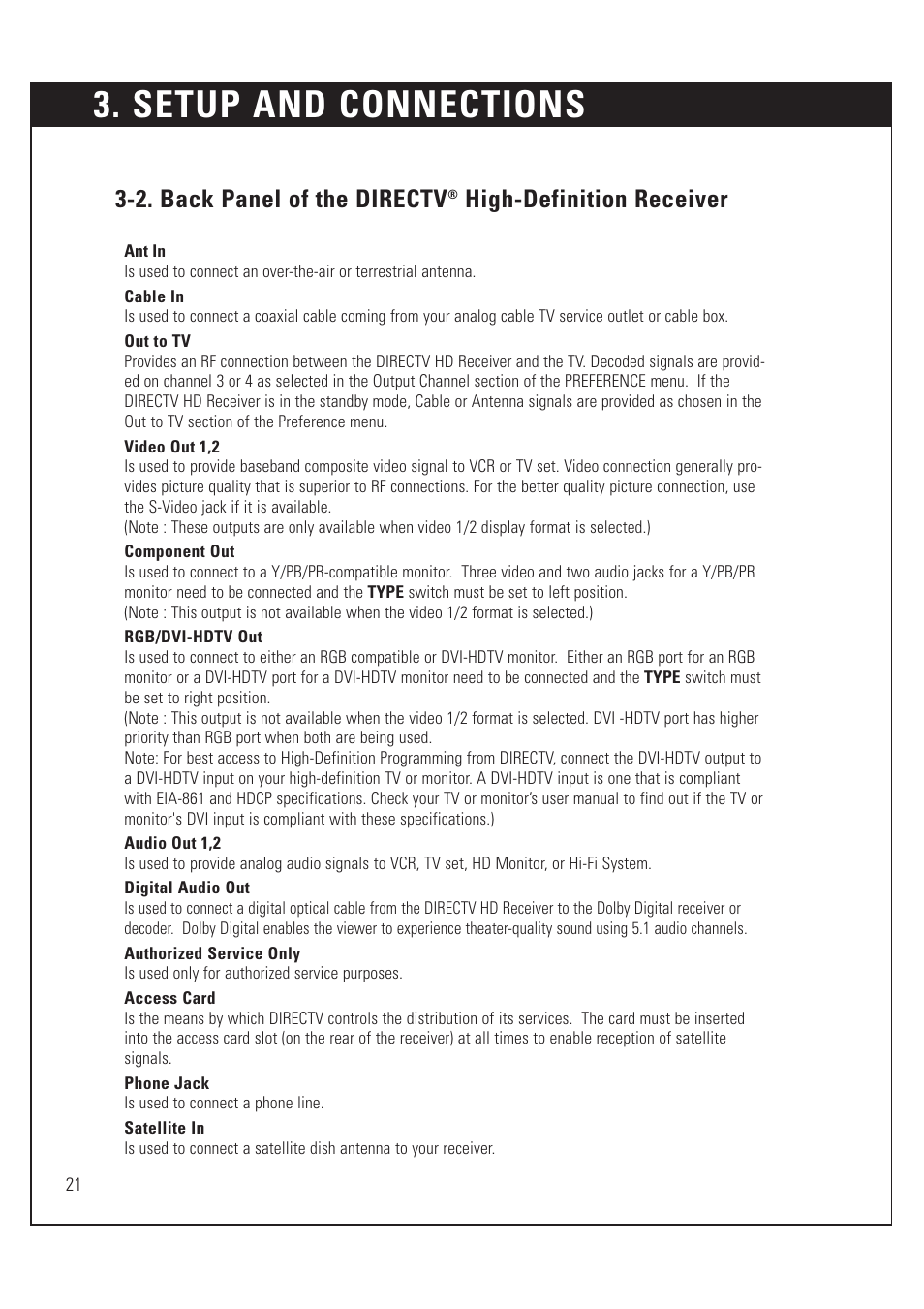 Setup and connections, 2. back panel of the directv, High-definition receiver | Sony SAT-HD200 User Manual | Page 22 / 104