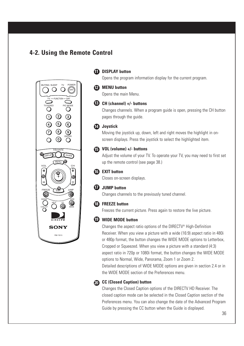 2. using the remote control | Sony SAT-HD200 User Manual | Page 37 / 104