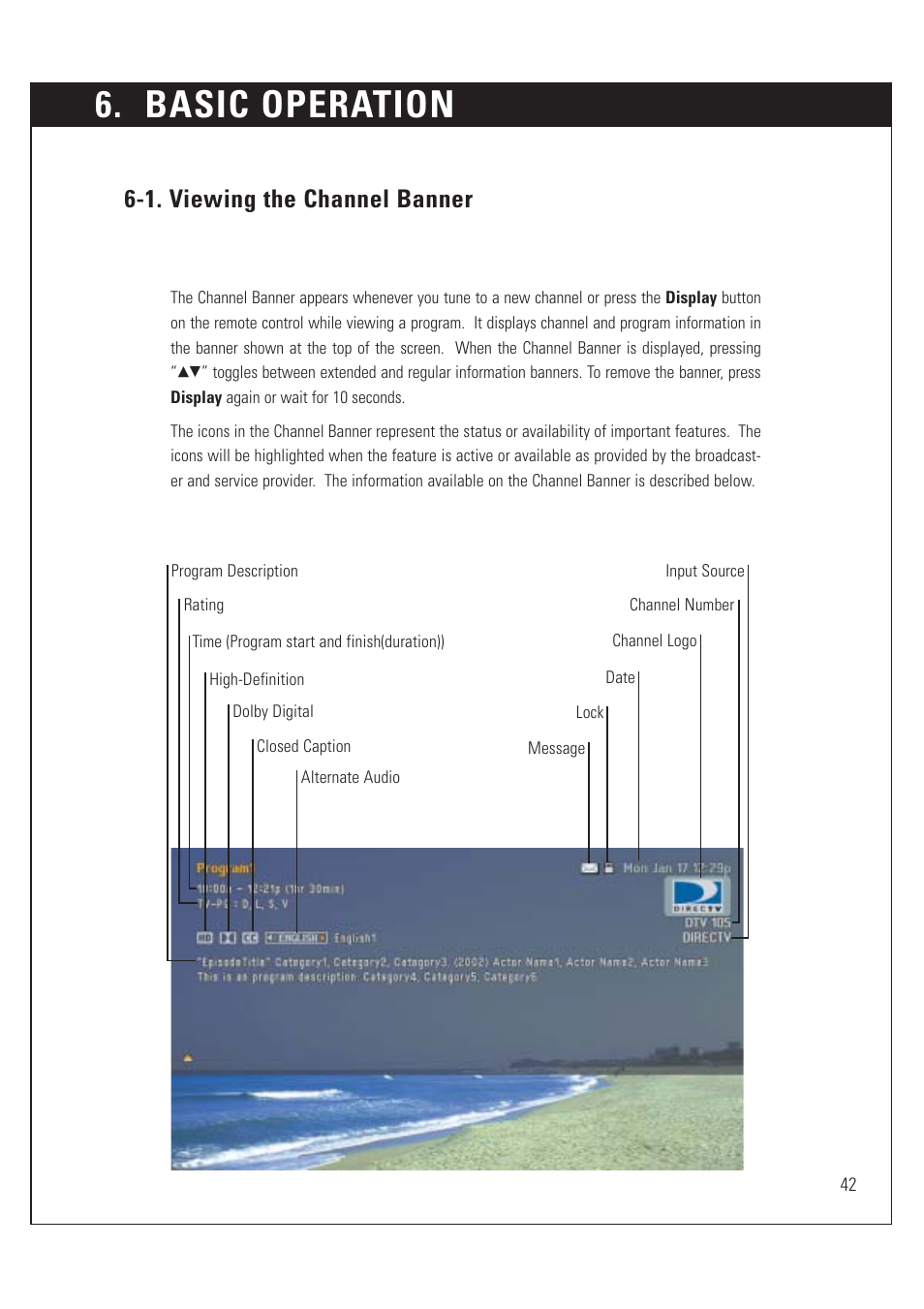 Basic operation, 1. viewing the channel banner | Sony SAT-HD200 User Manual | Page 43 / 104