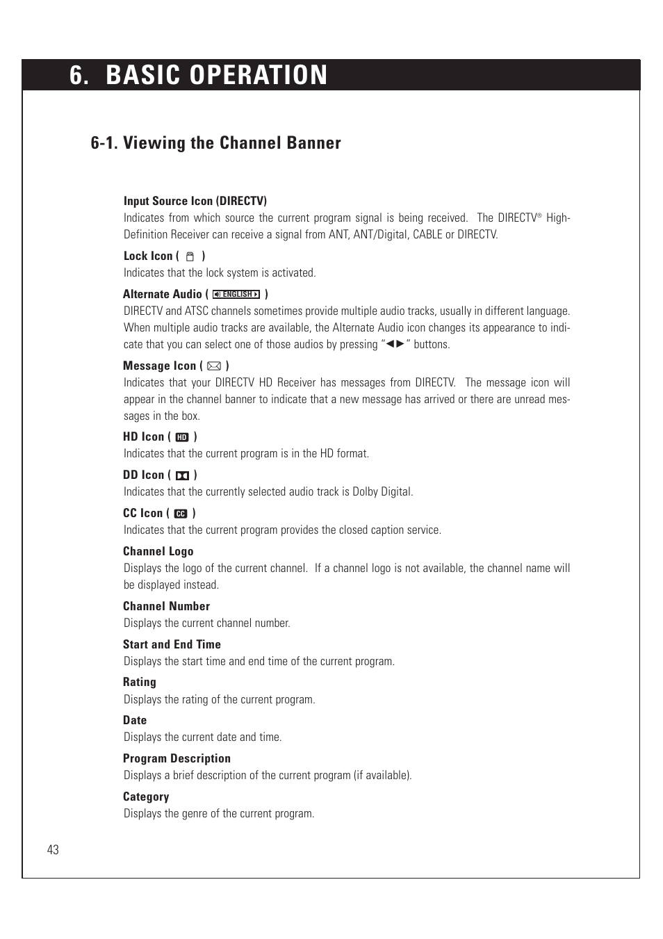 Basic operation, 1. viewing the channel banner | Sony SAT-HD200 User Manual | Page 44 / 104