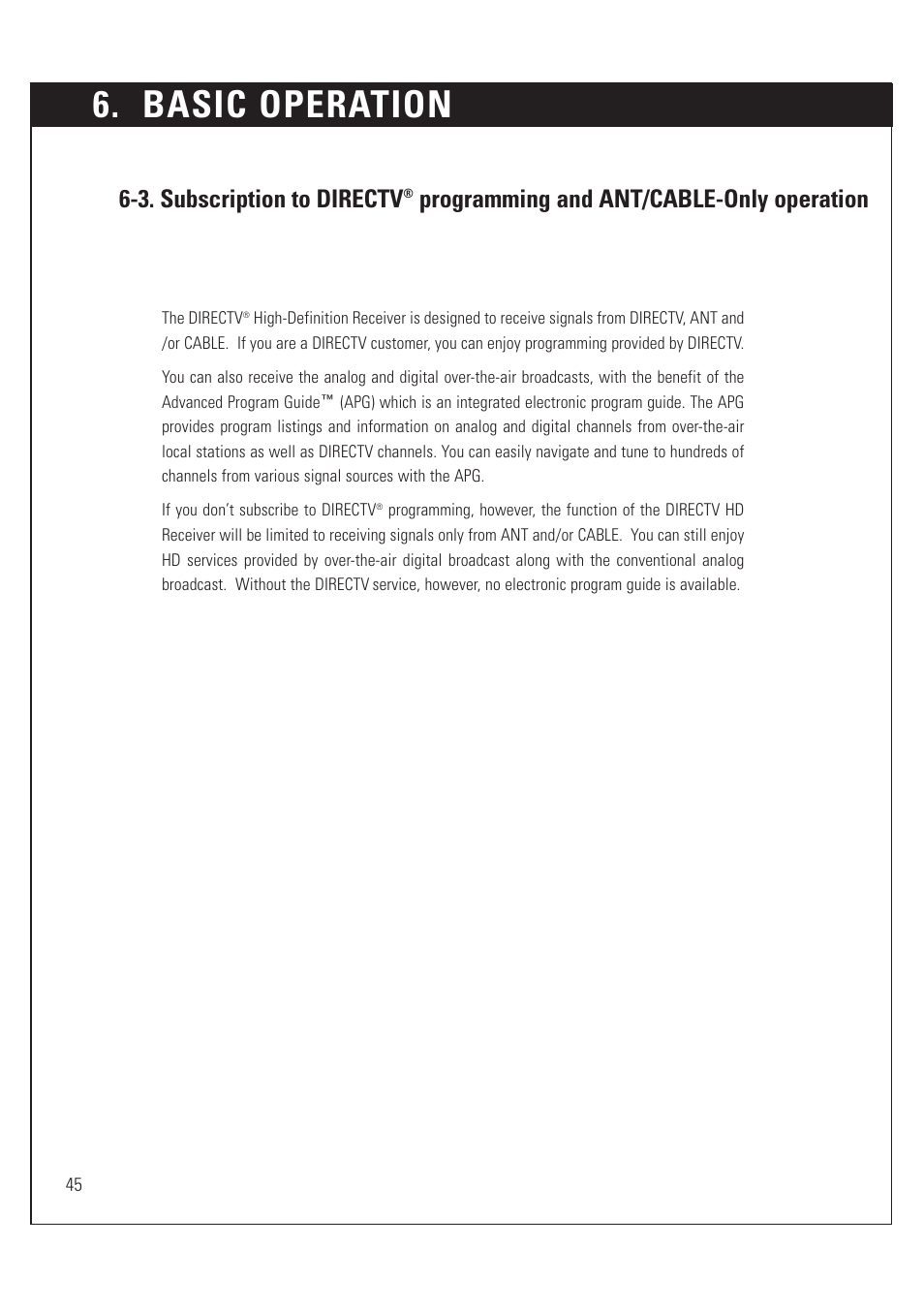 Basic operation, 3. subscription to directv, Programming and ant/cable-only operation | Sony SAT-HD200 User Manual | Page 46 / 104