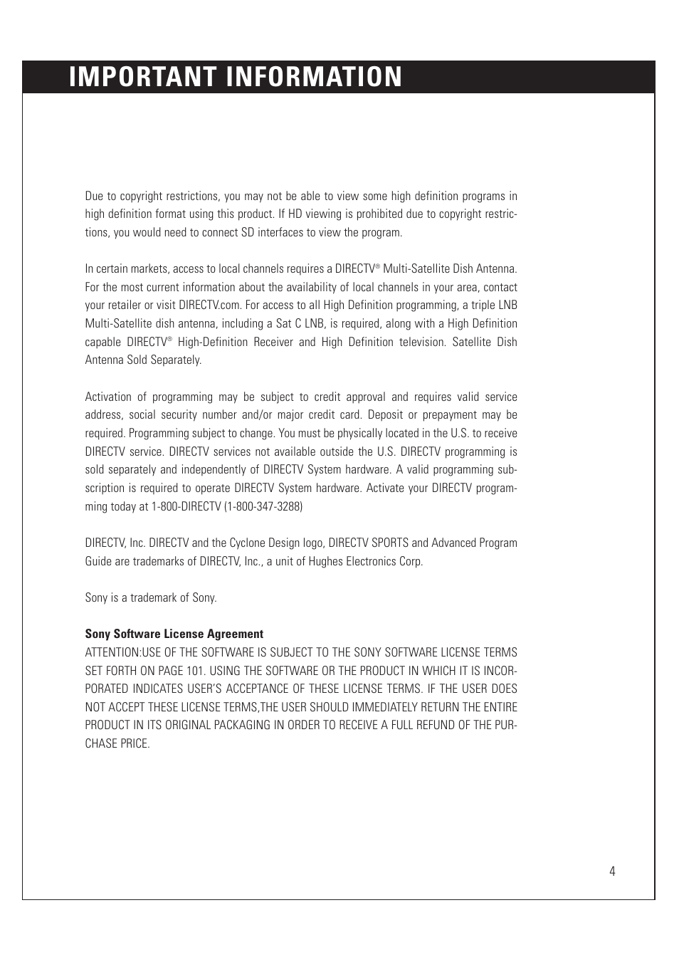 Important information | Sony SAT-HD200 User Manual | Page 5 / 104