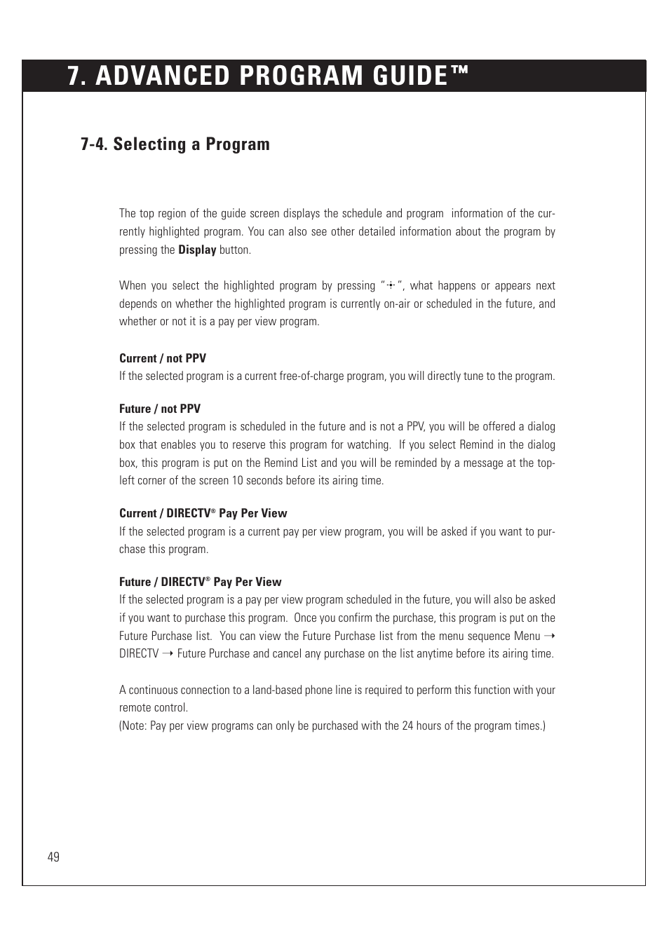 Advanced program guide, 4. selecting a program | Sony SAT-HD200 User Manual | Page 50 / 104