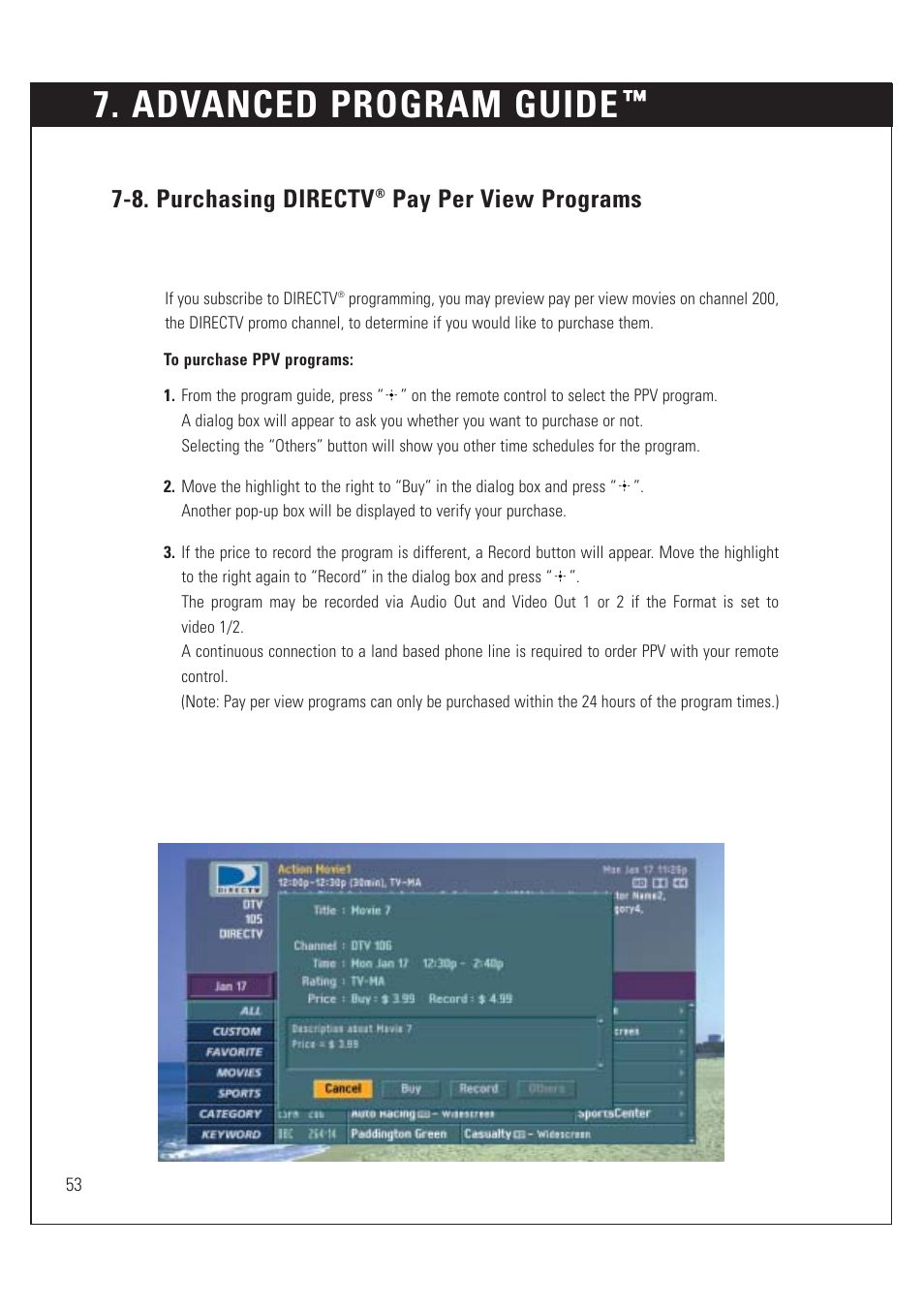 Advanced program guide, 8. purchasing directv, Pay per view programs | Sony SAT-HD200 User Manual | Page 54 / 104