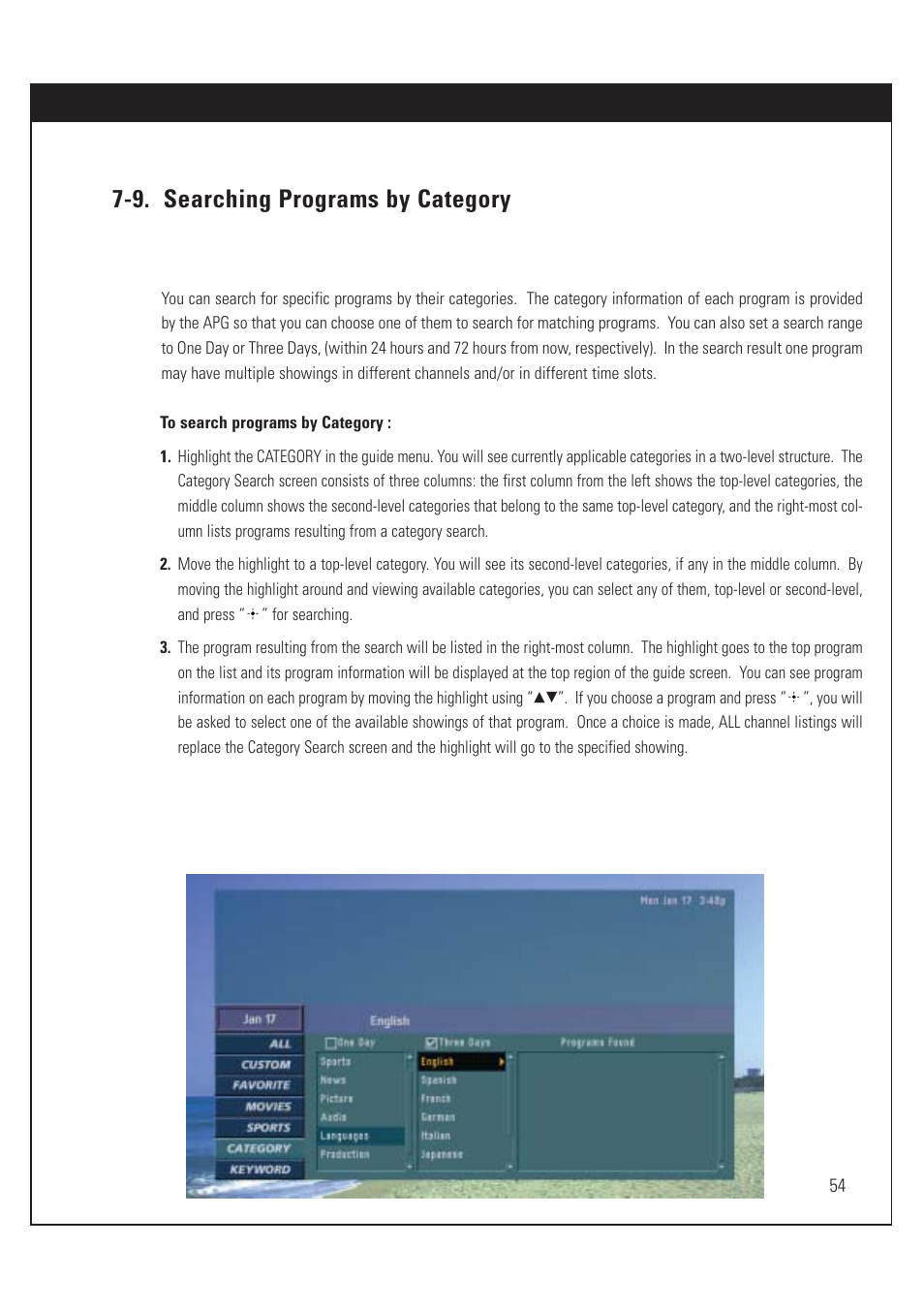 9. searching programs by category | Sony SAT-HD200 User Manual | Page 55 / 104