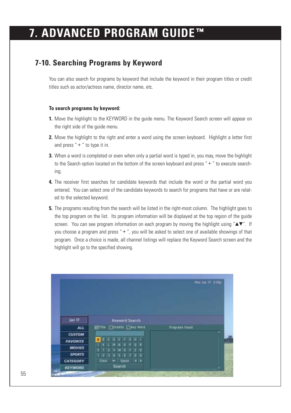 Advanced program guide, 10. searching programs by keyword | Sony SAT-HD200 User Manual | Page 56 / 104