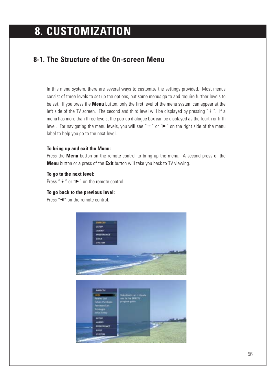 Customization, 1. the structure of the on-screen menu | Sony SAT-HD200 User Manual | Page 57 / 104