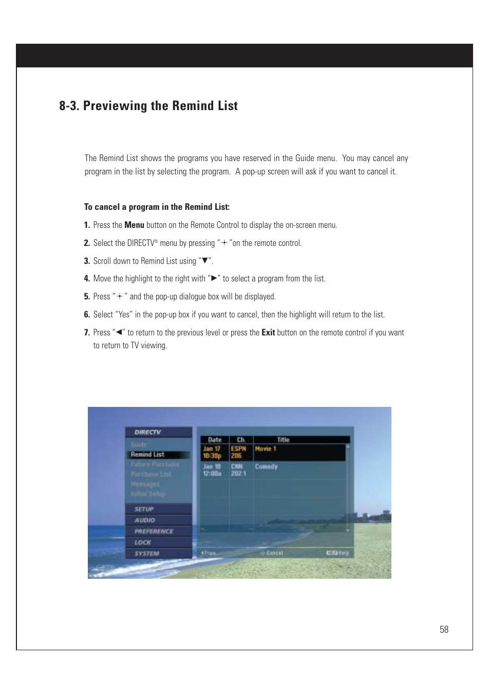 3. previewing the remind list | Sony SAT-HD200 User Manual | Page 59 / 104