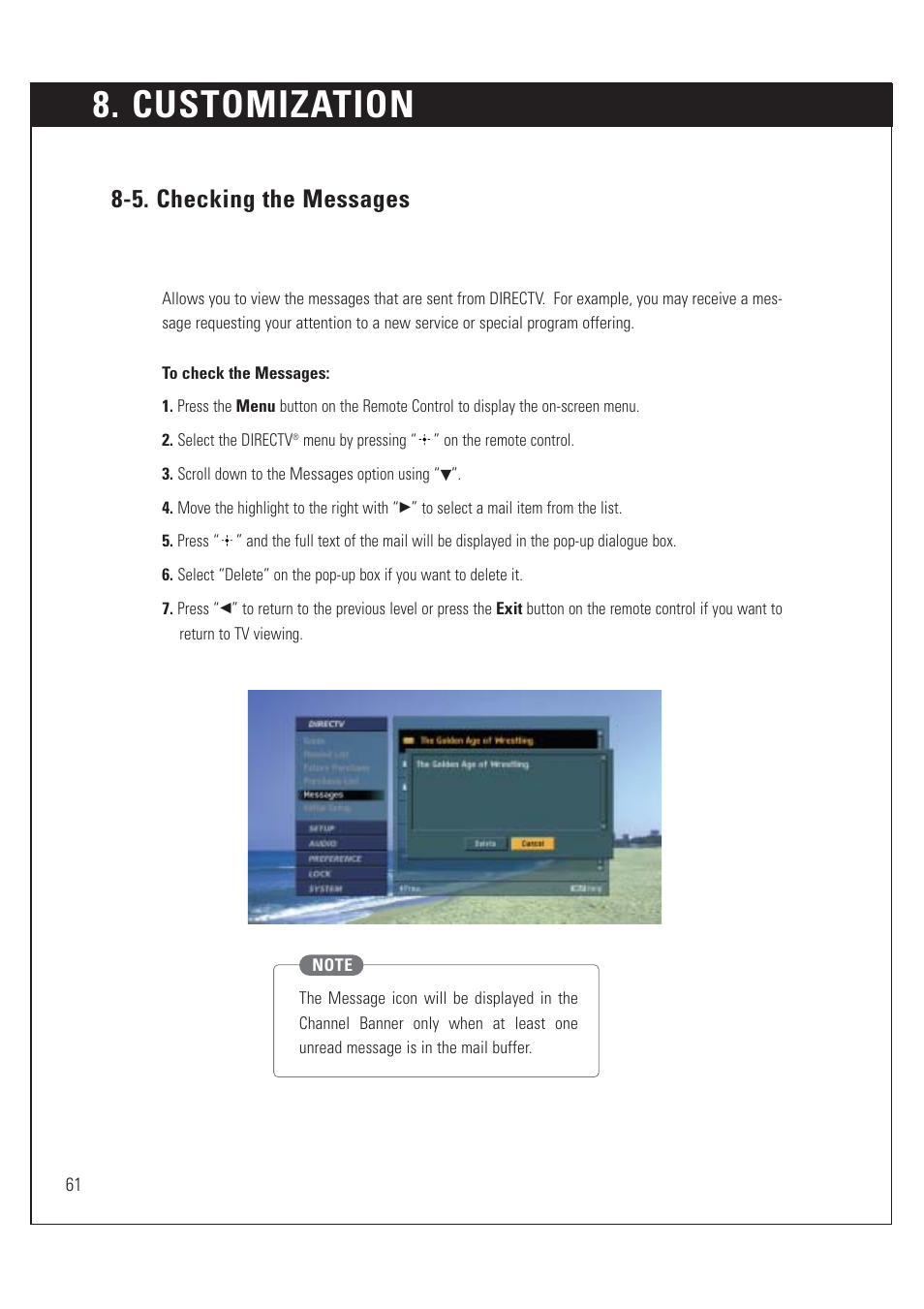 Customization, 5. checking the messages | Sony SAT-HD200 User Manual | Page 62 / 104