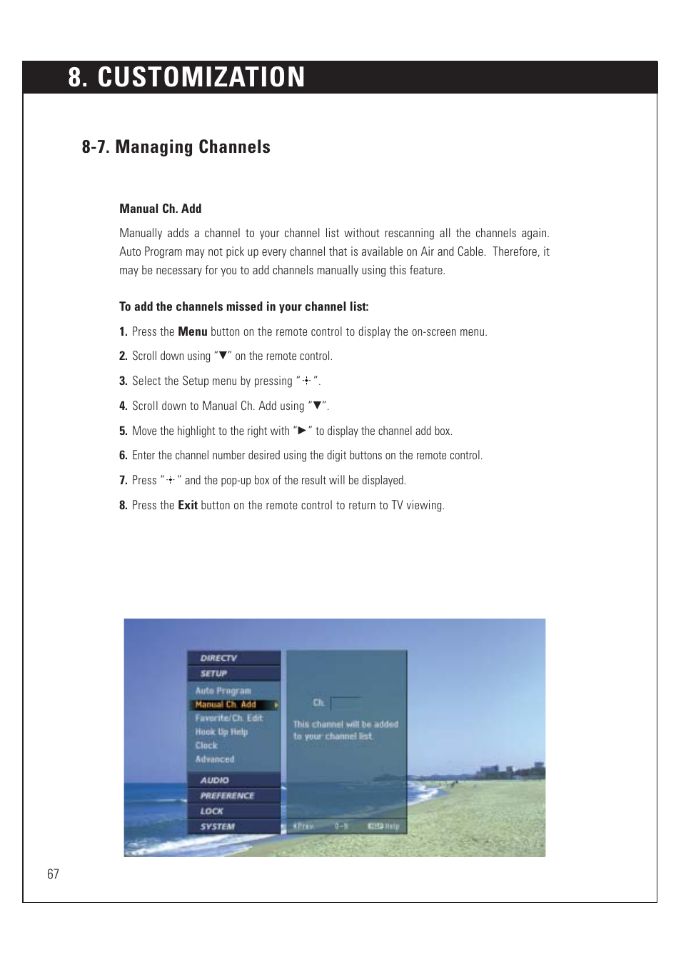 Customization, 7. managing channels | Sony SAT-HD200 User Manual | Page 68 / 104