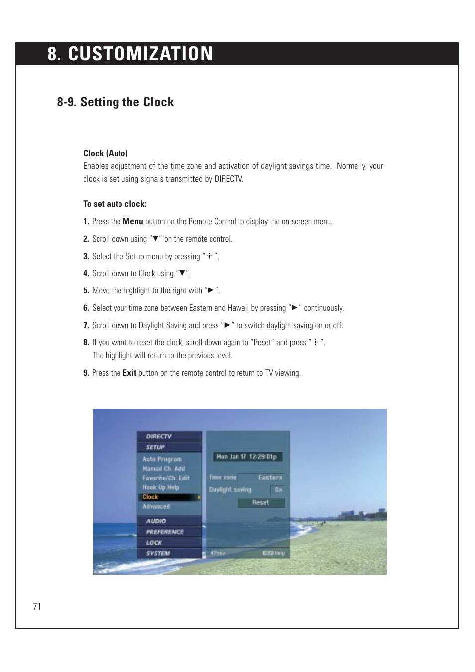 Customization, 9. setting the clock | Sony SAT-HD200 User Manual | Page 72 / 104