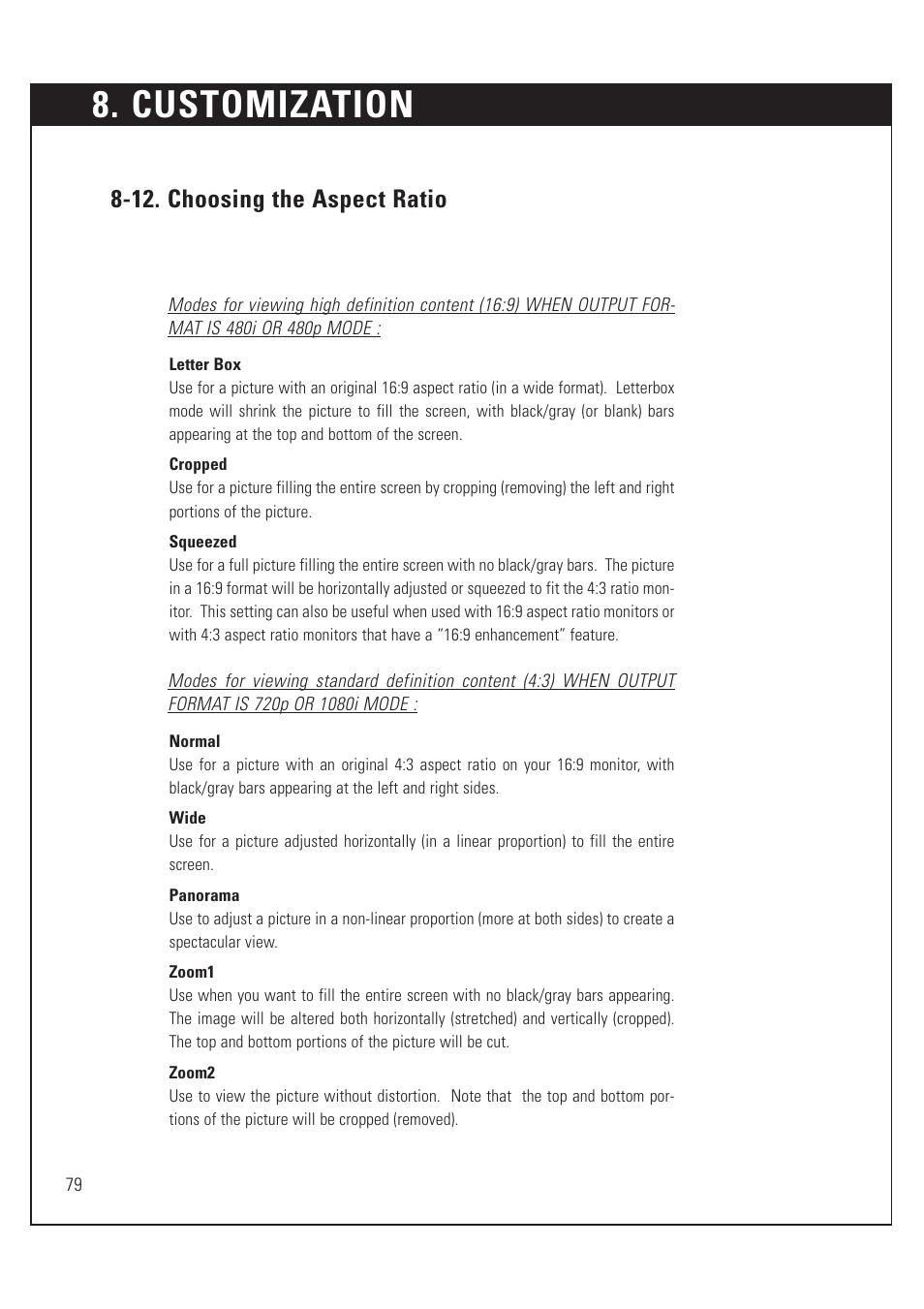 Customization, 12. choosing the aspect ratio | Sony SAT-HD200 User Manual | Page 80 / 104