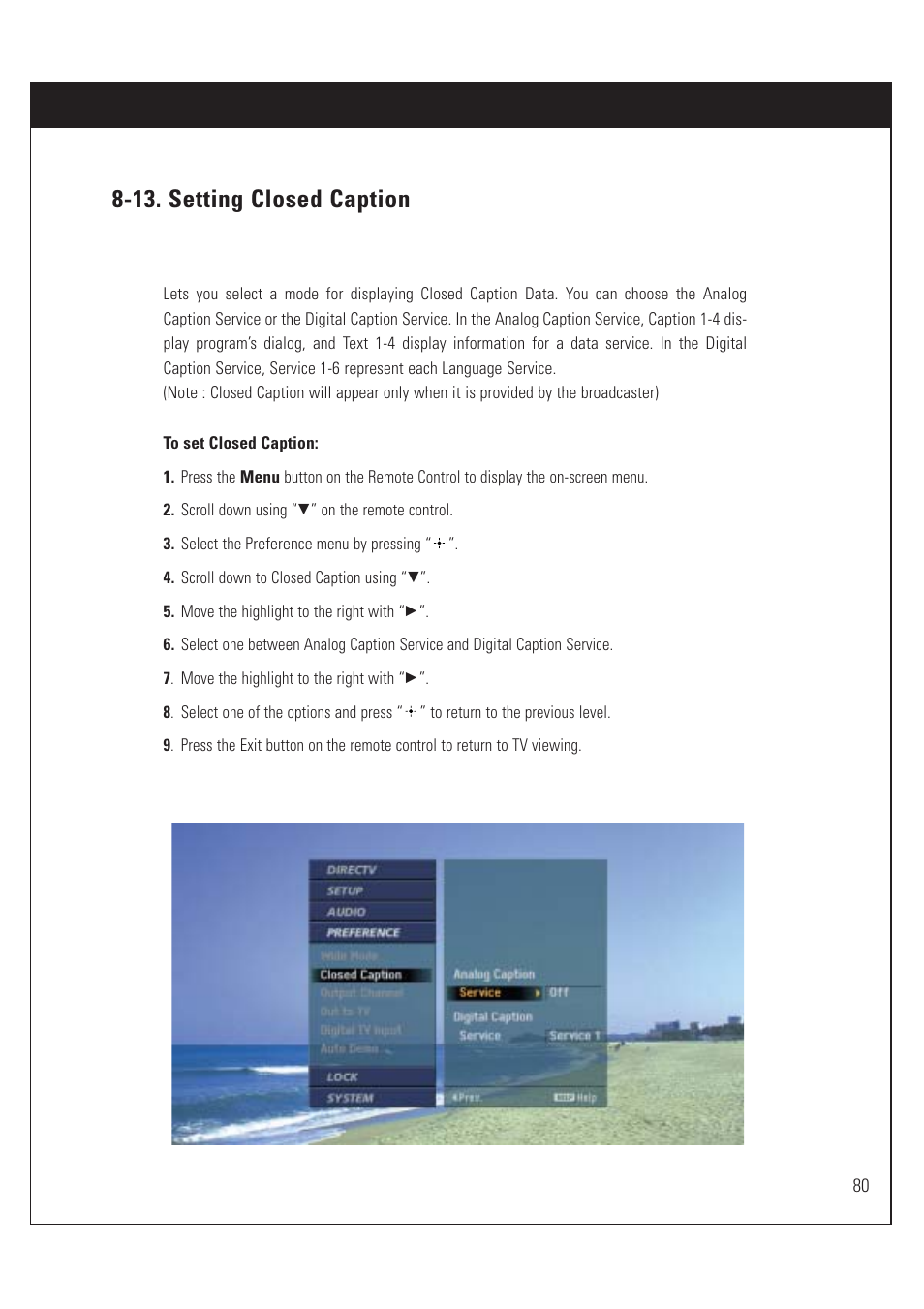 13. setting closed caption | Sony SAT-HD200 User Manual | Page 81 / 104