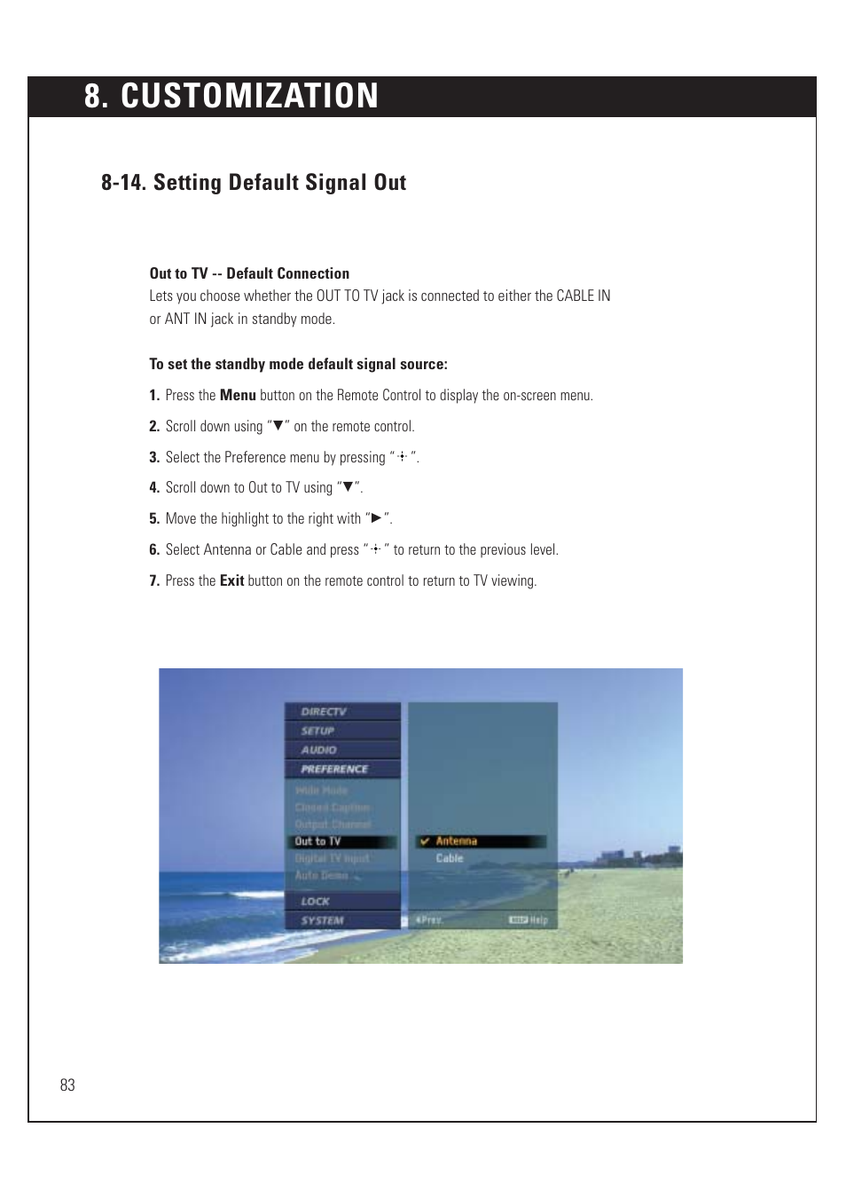 Customization, 14. setting default signal out | Sony SAT-HD200 User Manual | Page 84 / 104