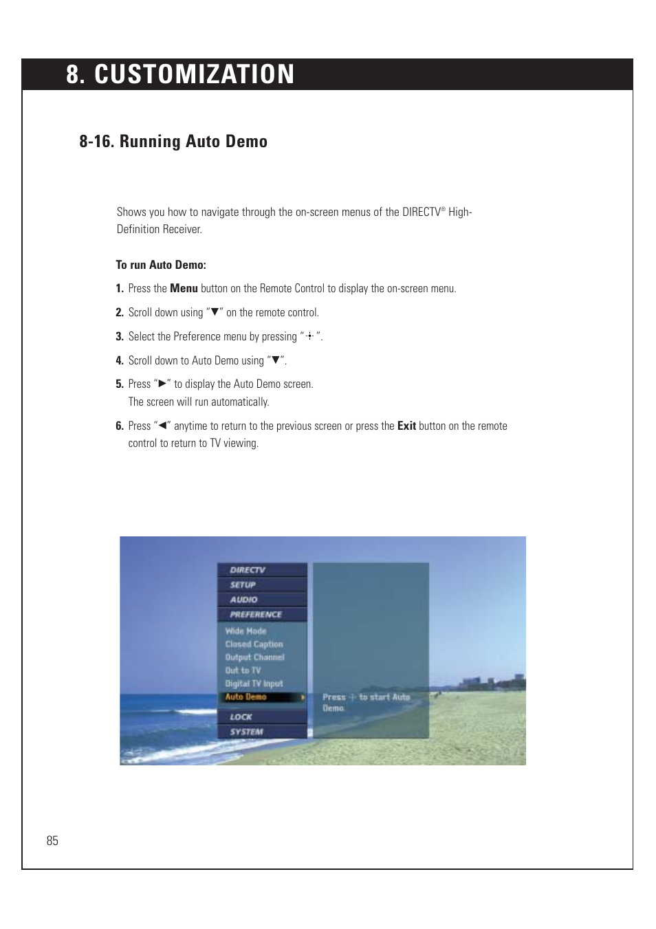 Customization, 16. running auto demo | Sony SAT-HD200 User Manual | Page 86 / 104