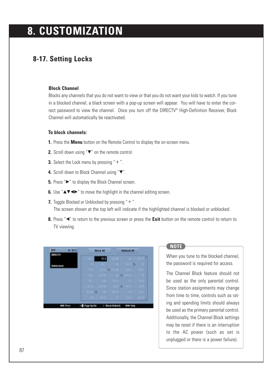 Customization, 17. setting locks | Sony SAT-HD200 User Manual | Page 88 / 104