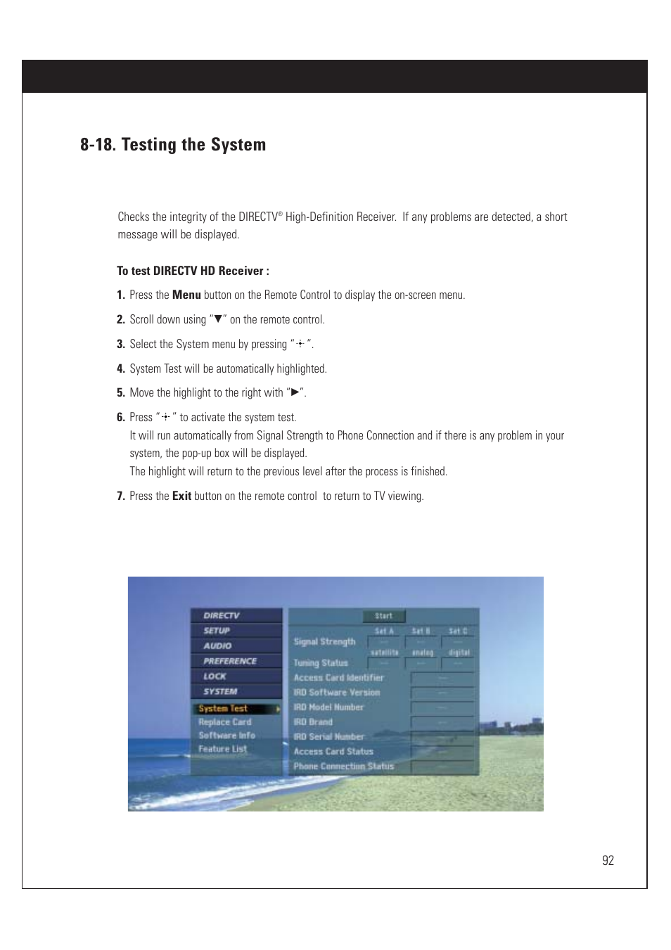 18. testing the system | Sony SAT-HD200 User Manual | Page 93 / 104