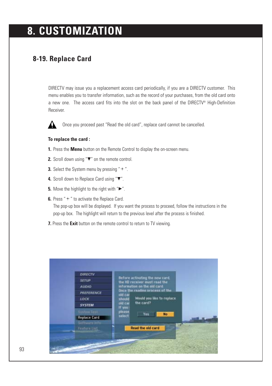 Customization, 19. replace card | Sony SAT-HD200 User Manual | Page 94 / 104