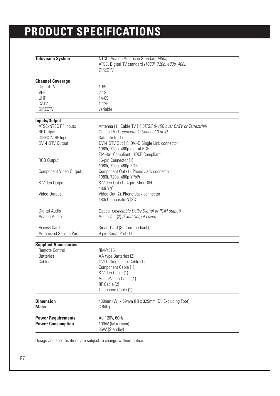 Product specifications | Sony SAT-HD200 User Manual | Page 98 / 104