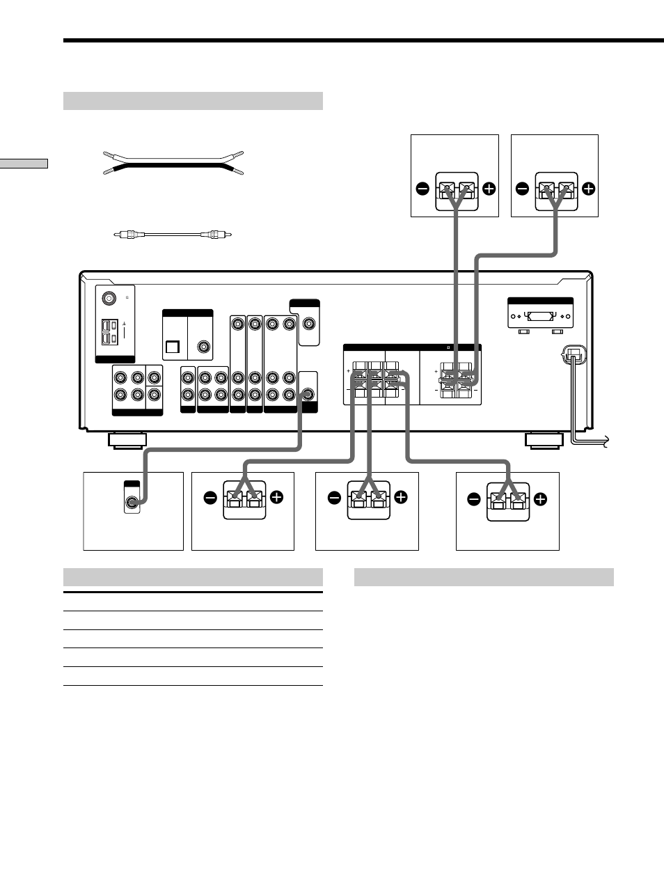 Speaker system hookup 12, Speaker system hookup, Terminals for connecting the speakers | Required cords, Hooking up and setting up the speaker system, Connect the to the, Speaker cords (not supplied), Monaural audio cord (not supplied) | Sony STR-K402 User Manual | Page 12 / 52