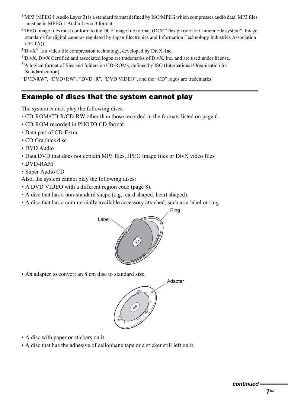 Example of discs that the system cannot play | Sony 3-299-549-11(1) User Manual | Page 7 / 127