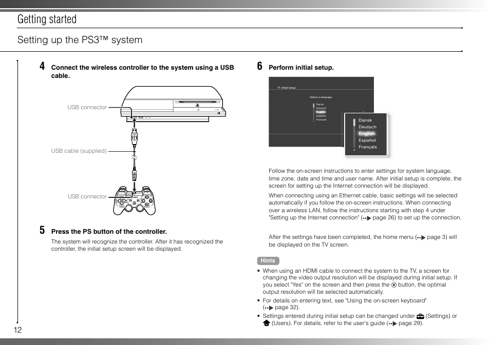 Getting started, Setting up the ps3™ system | Sony 40GB Playstation 3 3-285-687-13 User Manual | Page 12 / 100