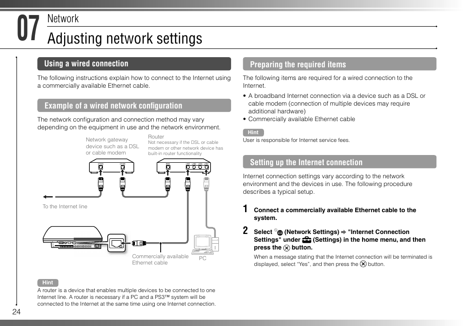 Adjusting network settings, Network | Sony 40GB Playstation 3 3-285-687-13 User Manual | Page 24 / 100