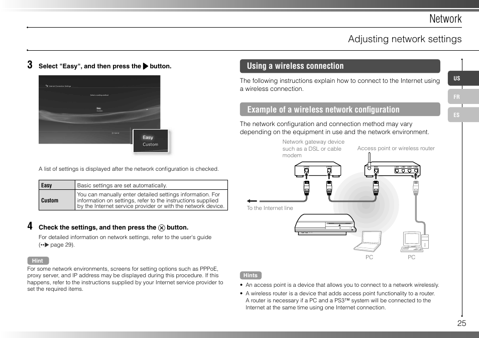 Network, Adjusting network settings, Using a wireless connection | Example of a wireless network confi guration | Sony 40GB Playstation 3 3-285-687-13 User Manual | Page 25 / 100