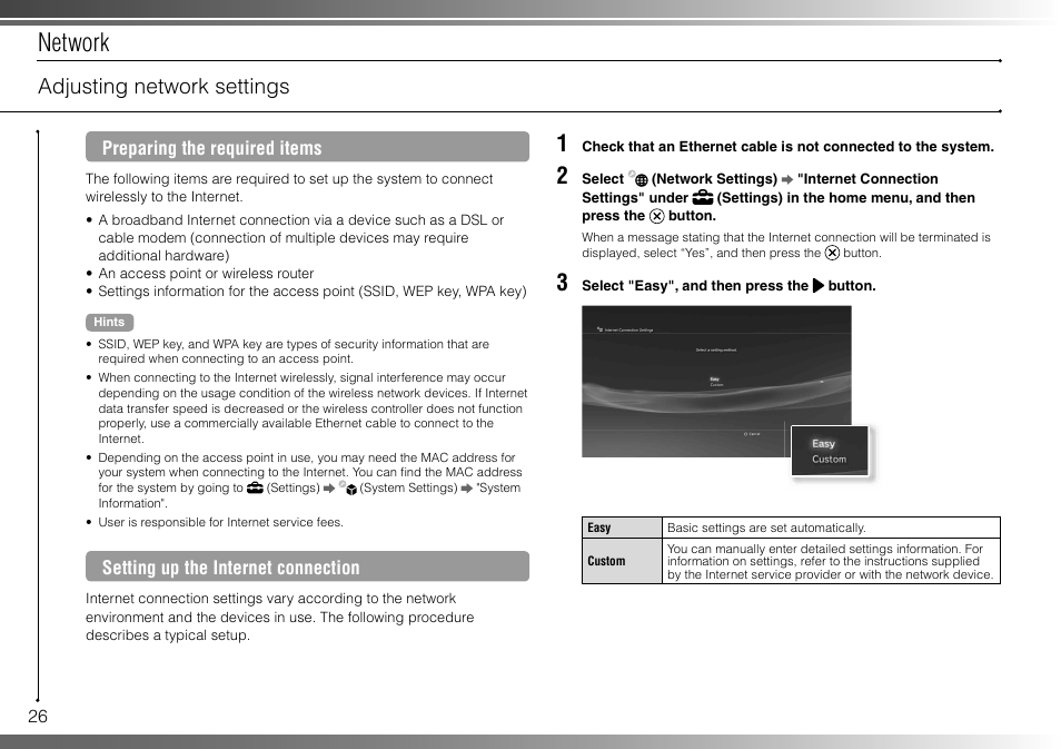 Network, Adjusting network settings | Sony 40GB Playstation 3 3-285-687-13 User Manual | Page 26 / 100
