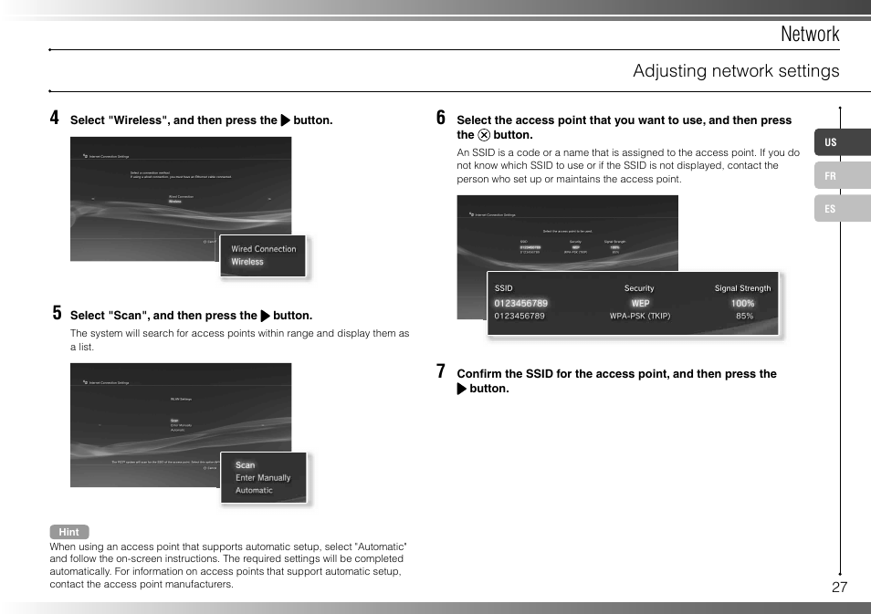 Network, Adjusting network settings | Sony 40GB Playstation 3 3-285-687-13 User Manual | Page 27 / 100