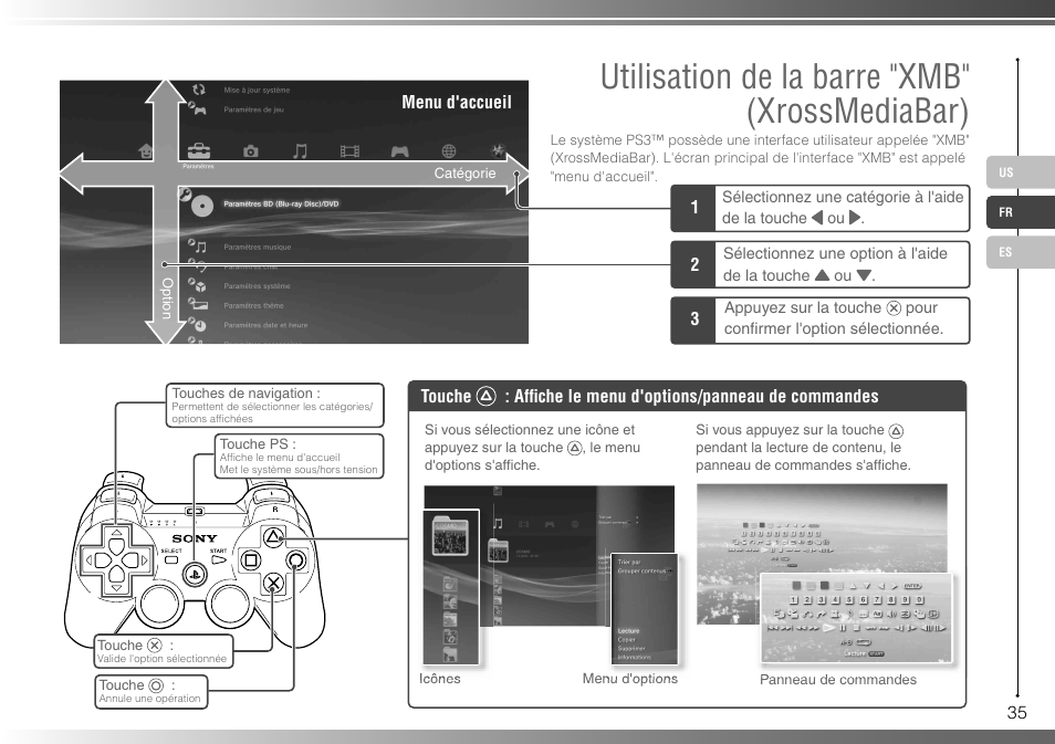 Utilisation de la barre "xmb" (xrossmediabar) | Sony 40GB Playstation 3 3-285-687-13 User Manual | Page 35 / 100