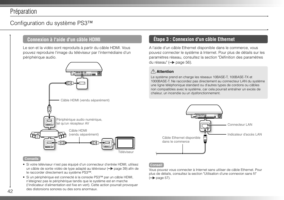 Préparation, Confi guration du système ps3, Connexion à l'aide d'un câble hdmi | Étape 3 : connexion d'un câble ethernet | Sony 40GB Playstation 3 3-285-687-13 User Manual | Page 42 / 100