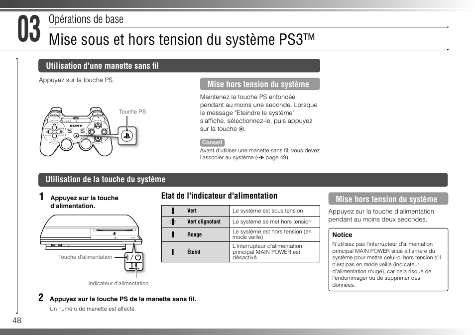 Mise sous et hors tension du système ps3, Opérations de base | Sony 40GB Playstation 3 3-285-687-13 User Manual | Page 48 / 100
