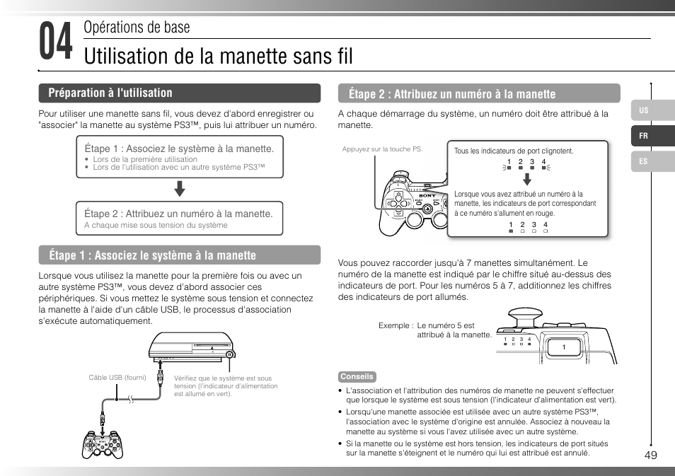 Utilisation de la manette sans fi l, Opérations de base | Sony 40GB Playstation 3 3-285-687-13 User Manual | Page 49 / 100