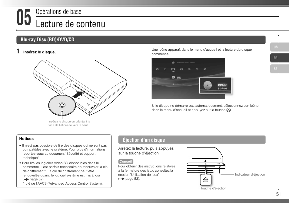 Lecture de contenu, Opérations de base | Sony 40GB Playstation 3 3-285-687-13 User Manual | Page 51 / 100