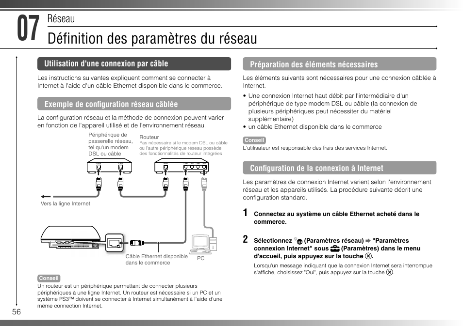 Défi nition des paramètres du réseau, Réseau | Sony 40GB Playstation 3 3-285-687-13 User Manual | Page 56 / 100