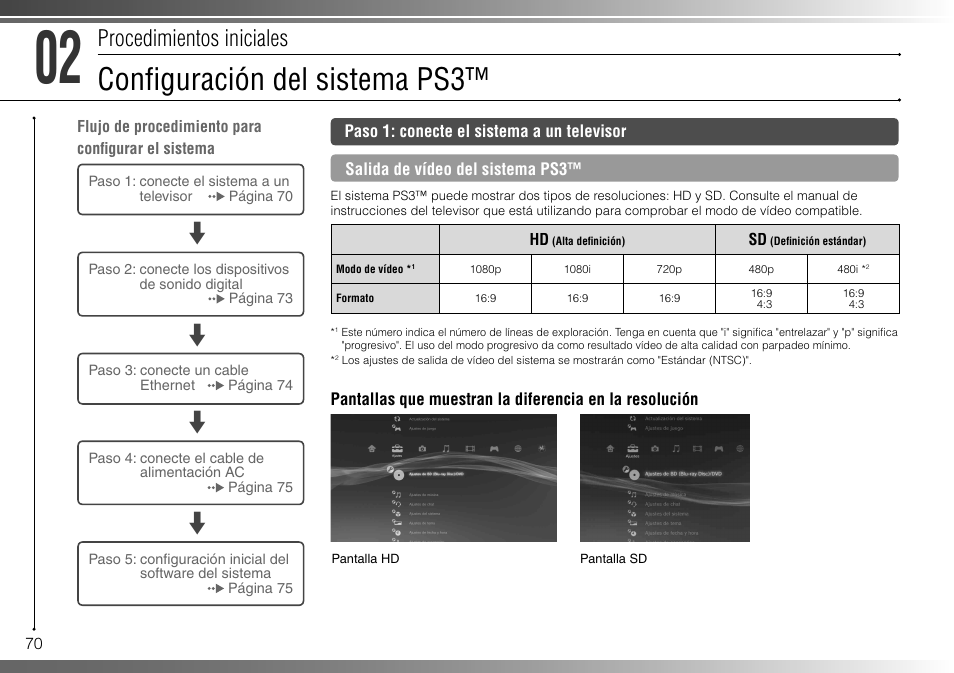 Confi guración del sistema ps3, Procedimientos iniciales | Sony 40GB Playstation 3 3-285-687-13 User Manual | Page 70 / 100