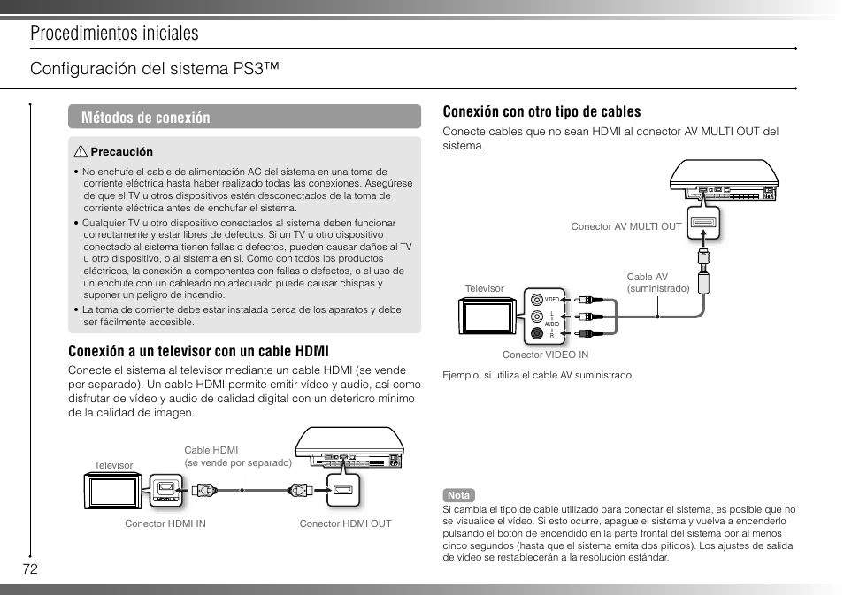 Procedimientos iniciales, Confi guración del sistema ps3, Métodos de conexión | Conexión a un televisor con un cable hdmi, Conexión con otro tipo de cables | Sony 40GB Playstation 3 3-285-687-13 User Manual | Page 72 / 100