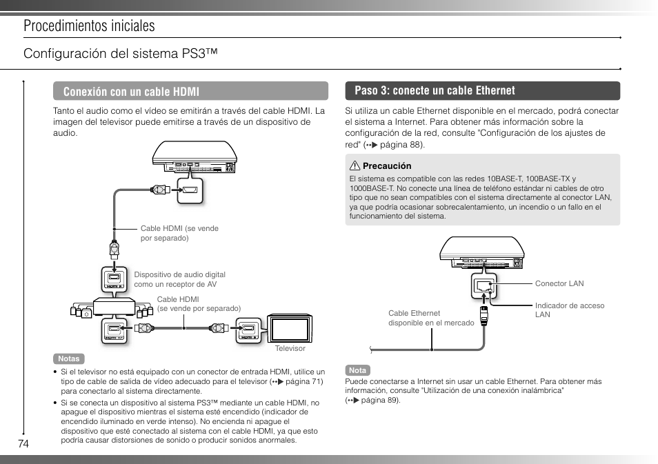 Procedimientos iniciales, Confi guración del sistema ps3, Conexión con un cable hdmi | Paso 3: conecte un cable ethernet | Sony 40GB Playstation 3 3-285-687-13 User Manual | Page 74 / 100