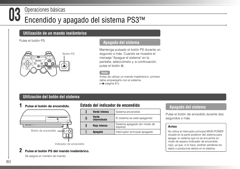 Encendido y apagado del sistema ps3, Operaciones básicas | Sony 40GB Playstation 3 3-285-687-13 User Manual | Page 80 / 100