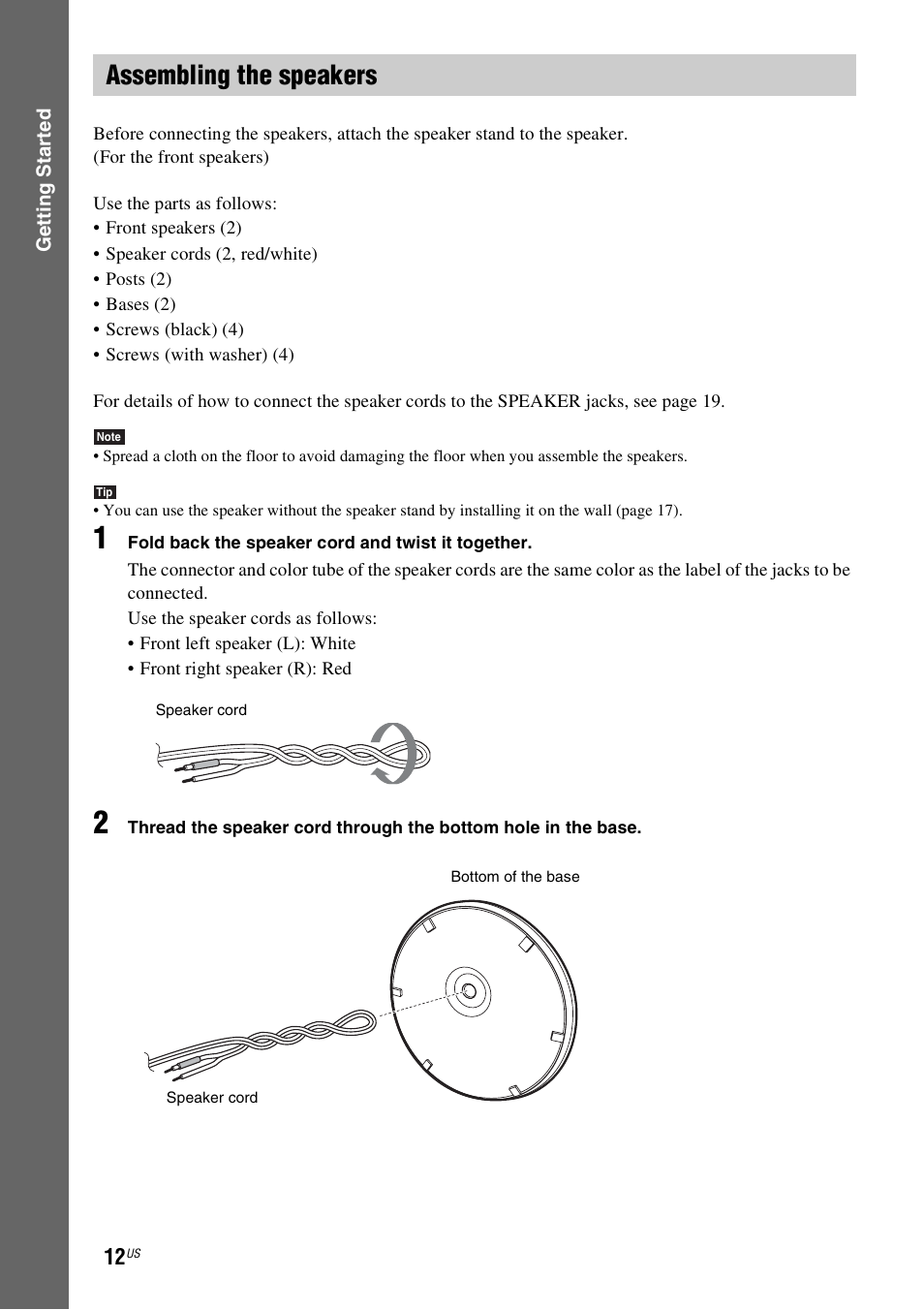 Assembling the speakers | Sony DAV-HDZ485 User Manual | Page 12 / 104